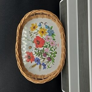 Vintage "Ricolor" Wicker basket with laminated floral design. West Germany